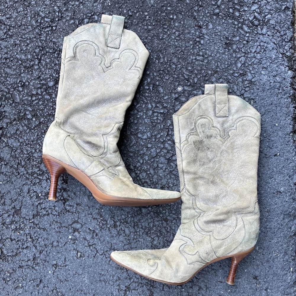 Vintage Y2K Kenneth Cole New York Cos I'm Hot Silver Western Boots Size 6.5 M